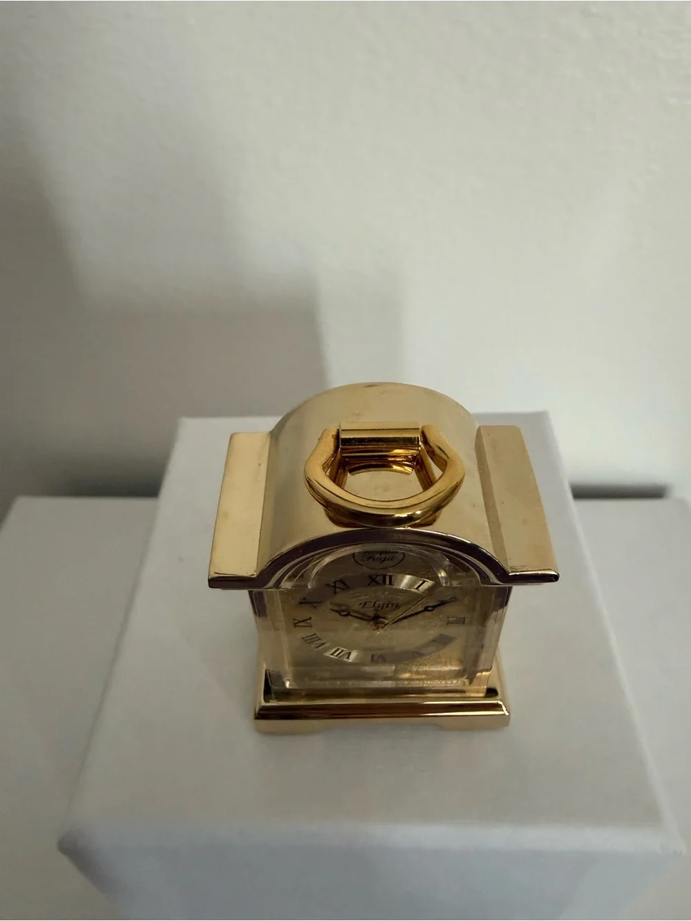 Vintage Elgin Mini Mantel Clock Gold Tone Tempus Fugit Quartz w/ Instructions